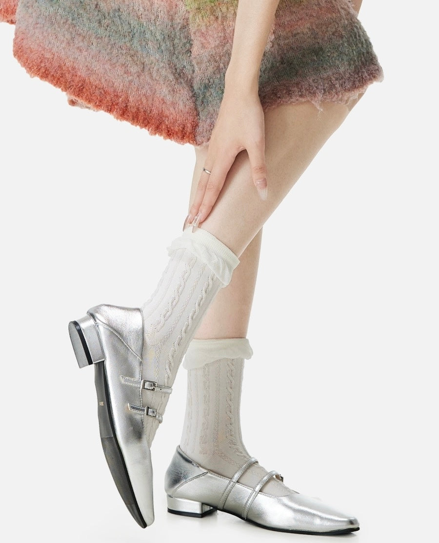 Sweet atmosphere | Socks women Spring and Autumn grey boneless mid-tube pile socks Autumn lace design feeling relief twist
