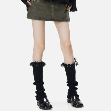 New autumn/winter broken fringe knitted pile sock women with small leather shoes Spice y2k white leg covers