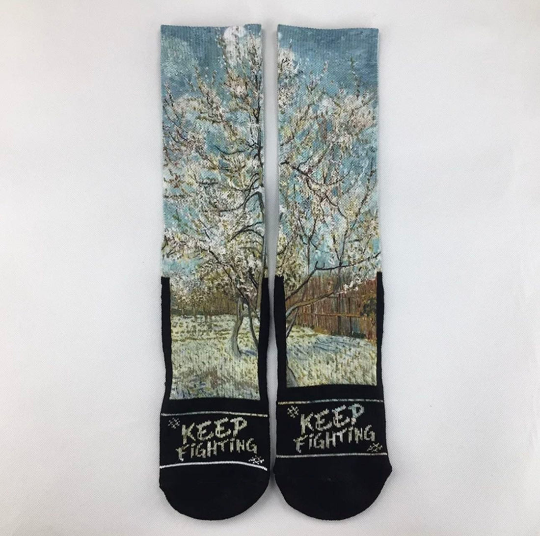 Van Gogh watercolor series crew socks towel bottom sports street fashion socks