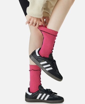 Fashion item design a high class thick needle color contrast cuffed socks women‘s solid color mid-tube pile socks