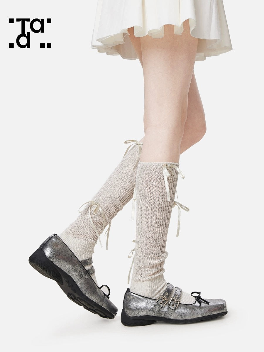 Spring new bow ballet-style socks female Korean sweet girl silver cute pure calf pile socks