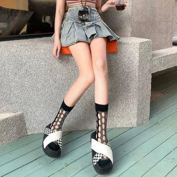 Women's hollowed-out socks Sun system mesh color contrast peacock blue black summer hole socks
